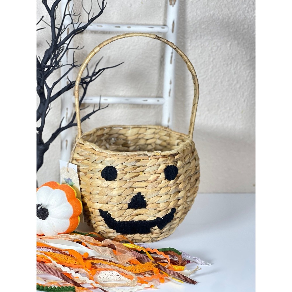 Woven Medium Halloween Pumpkin Basket with Black Accents